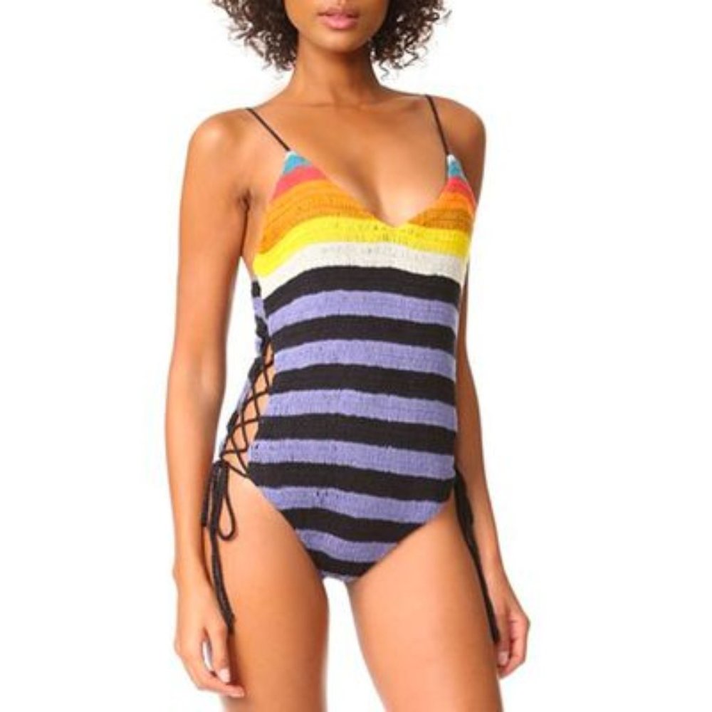 NWT Mara Hoffman Crochet Lace Up Swim One Piece